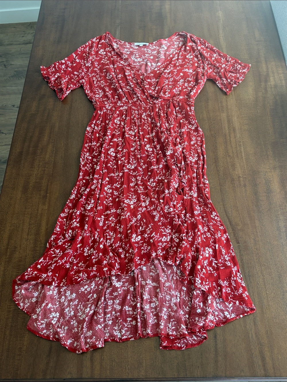 Red Floral V-Neck Midi Dress